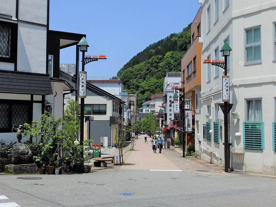 山裾の湯町を見下ろし、川岸に沿って伸びる橋と朝の湯気